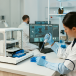 Laboratorio moderno con técnicos trabajando con guantes y equipos automatizados, pantallas digitales mostrando datos en tiempo real.