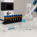 Viales de polipropileno y una pipeta dosificando muestra frente a un equipo LC‑MS/MS en banco de laboratorio, para análisis de PFAS y control de contaminación de fondo.