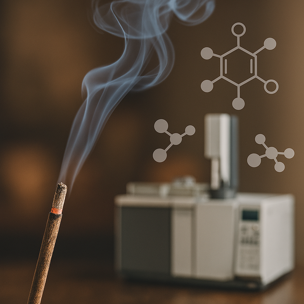 Bastón de incienso encendido con una columna de humo suave y un equipo de laboratorio de análisis al fondo.