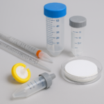 Variedad de consumibles de laboratorio sobre una superficie gris, incluyendo pipetas serológicas, tubos de centrifugación, un filtro de jeringa y un conjunto de membranas en una placa transparente.