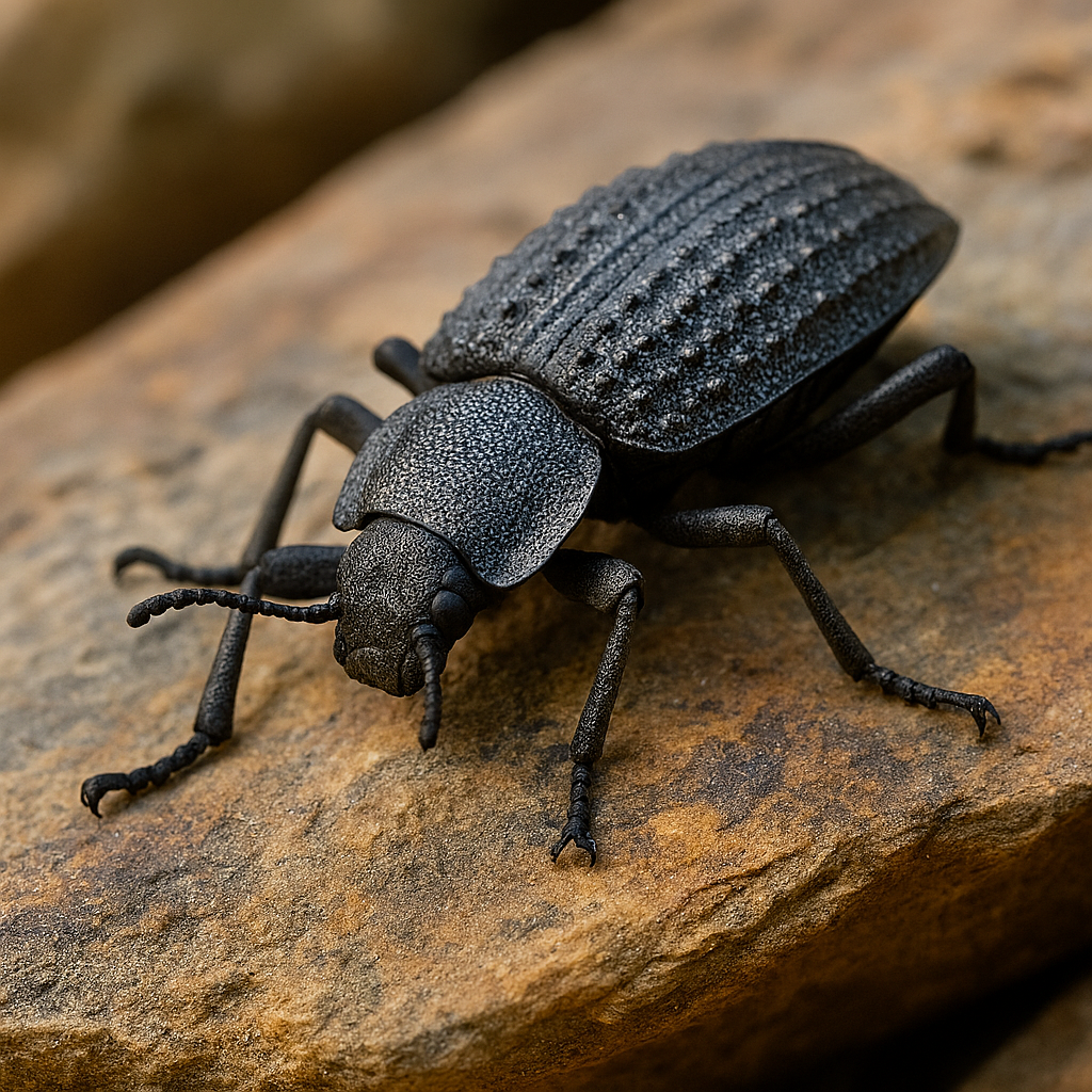 Escarabajo de exoesqueleto oscuro y rugoso apoyado sobre una roca, ejemplo de resistencia estructural inspirada en la naturaleza.