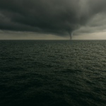 Manga marina formada bajo nubes muy oscuras sobre el mar, con oleaje moderado y un horizonte bajo condiciones de tormenta.