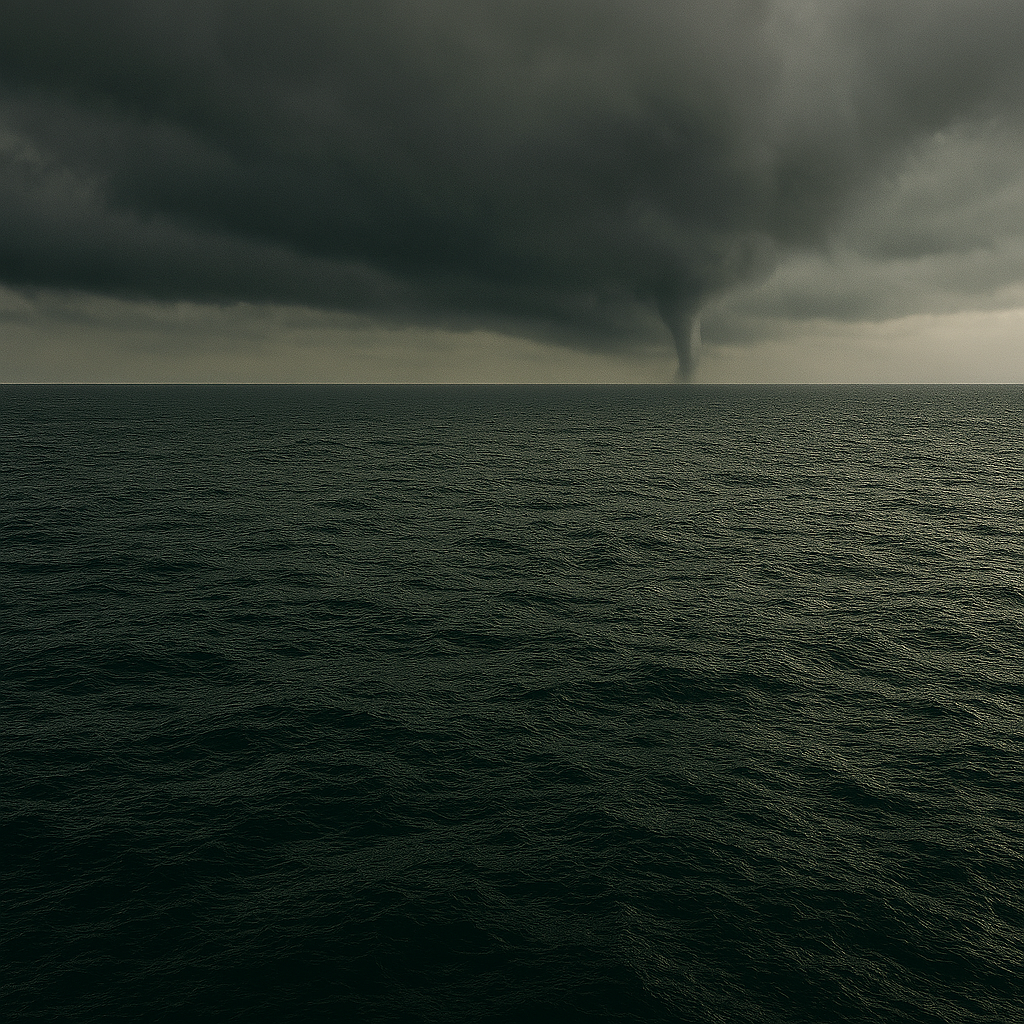 Manga marina formada bajo nubes muy oscuras sobre el mar, con oleaje moderado y un horizonte bajo condiciones de tormenta.