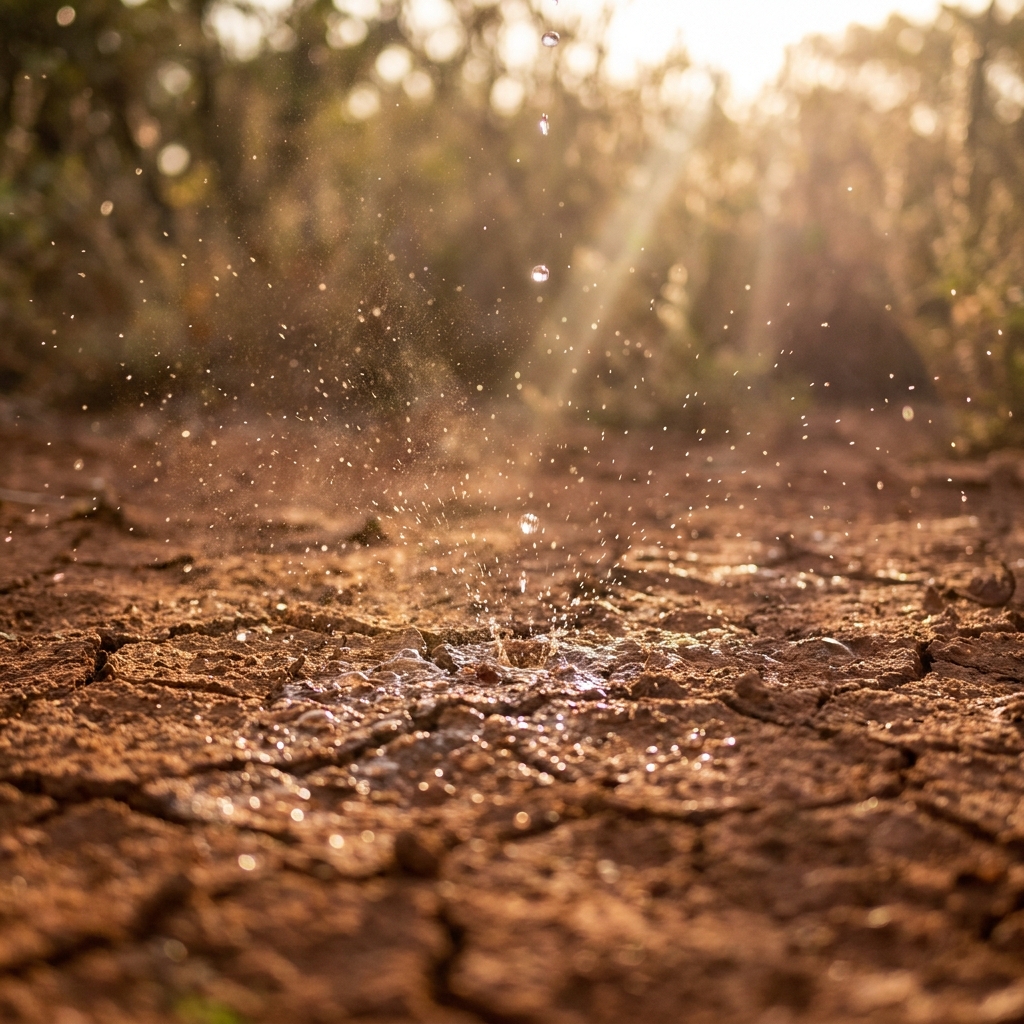 Gotas de lluvia impactando sobre tierra seca y agrietada, levantando pequeñas partículas de polvo y agua a contraluz.