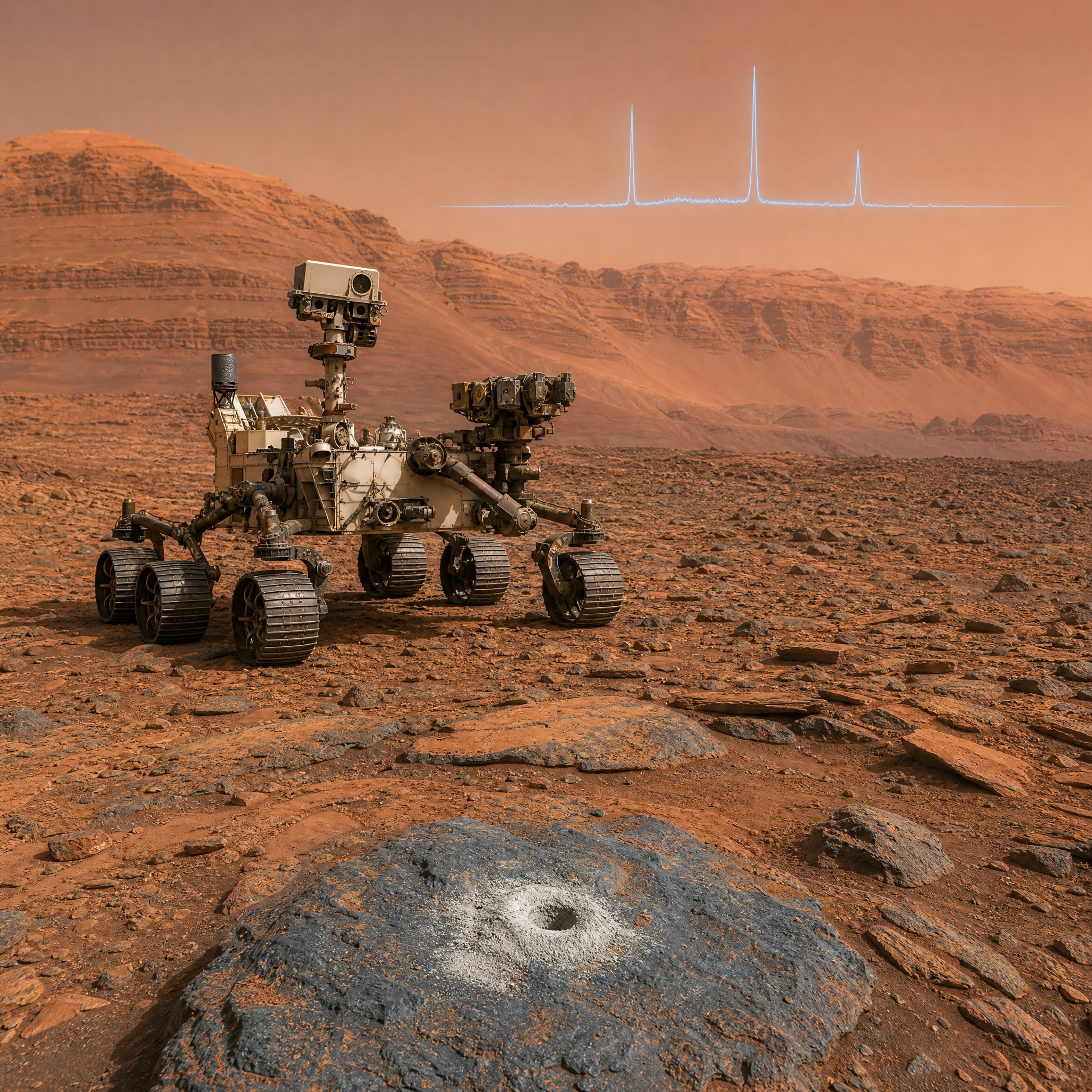 Rover Curiosity en Marte con un cromatograma superpuesto que representa la cromatografía de gases de su instrumento SAM